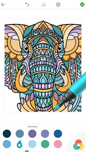 Adult Animal Coloring Book: intricate mandala elephant design with Standard color palette in blue, teal, and pink tones
