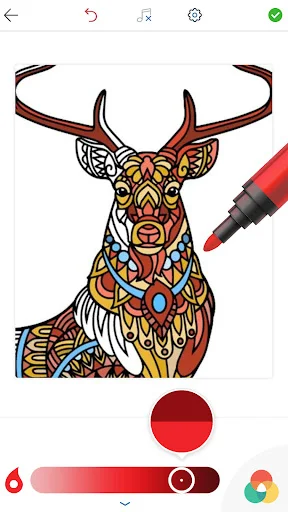 Adult Animal Coloring Book: ornate bull design with red marker tool, color circle selector, and gradient color slider for painting animals
