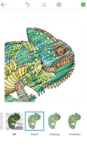 Adult Animal Coloring Book: colorful chameleon design with brush style options including Silk, Pencil, Drawing, and TrueColor brushes