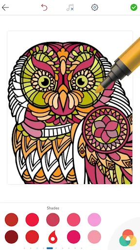 Adult Animal Coloring Book: detailed owl illustration with Shades palette showing red and pink color variations for adult coloring