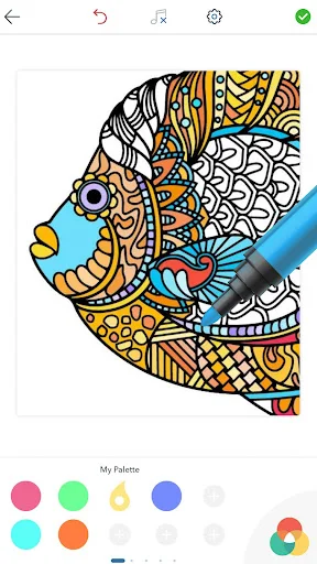 Adult Animal Coloring Book: decorative face design with My Palette feature offering custom color selection for creative painting