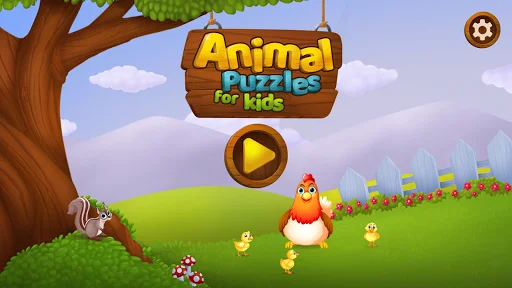 Animal Puzzles for Kids title screen with play button and cute cartoon animals on sunny field