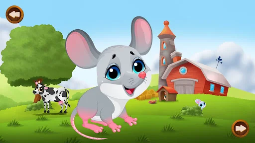 Completed mouse puzzle displaying full white mouse character in colorful farm environment with red barn