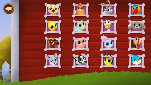 Level select screen showing 16 animal jigsaw puzzles in rope-framed boxes on red barn background