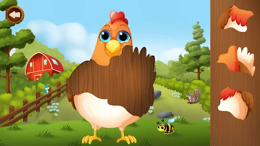 Chicken jigsaw puzzle game with wooden pieces missing on right side ready to be placed