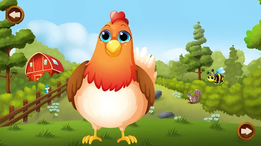 Completed chicken puzzle solution showing full cartoon chicken on farm with barn and trees