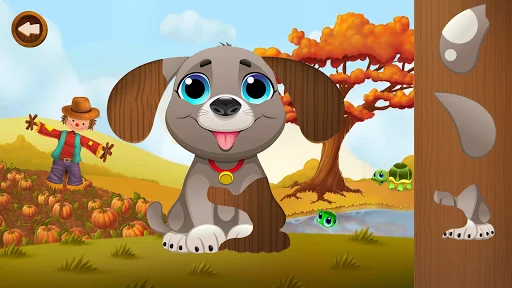Dog jigsaw puzzle with missing pieces displayed on right side in colorful autumn farm scene