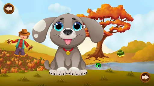 Solved dog puzzle showing complete cartoon dog character in fall season farm landscape