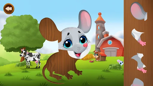 Mouse jigsaw puzzle with separable pieces on right side ready to build on farm background