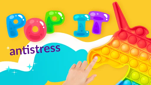 Pop It antistress app title with colorful letters and hand popping 3D stress relief bubble toy