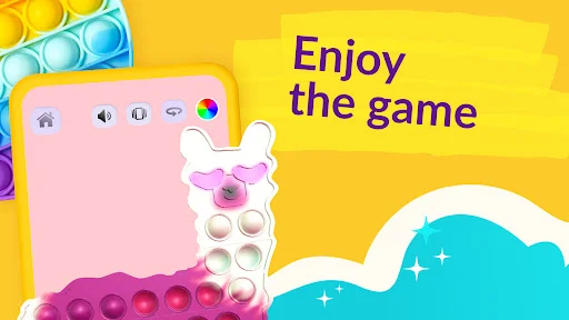 Pop It fidget game interface with pink 3D toy and sound, display, and color control options