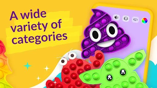Wide variety of colorful pop-it bubble toys featuring multiple categories in antistress fidget game