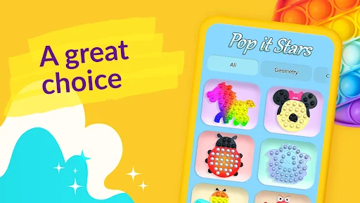 Mobile phone screen showing Pop it Stars collection with themed pop-it designs in fidget game