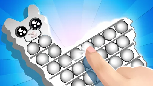 3D white egg-shaped pop-it bubble toy with cute character being popped by hand in ASMR antistress game