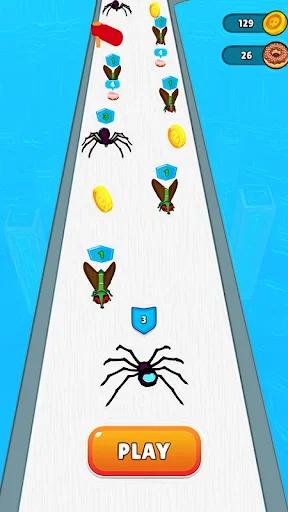 Ants Battle game runway with colorful insects, spiders, and ants to collect. Play button visible for starting battle simulation