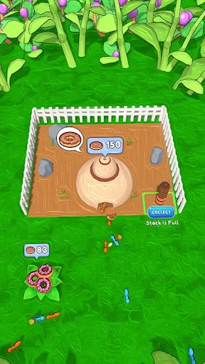 Ants Battle arena with wooden enclosure containing spinning wheel, purple flowers, and green grass battlefield environment