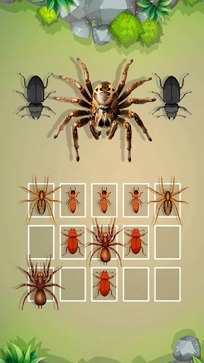 Ants Battle merge puzzle grid with brown spiders and red ants positioned for strategic counting and merging gameplay