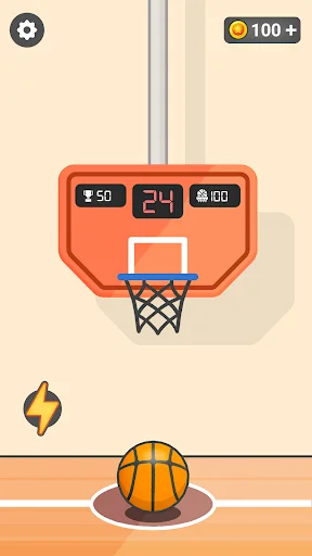 Basketball dunk shot game with orange hoop, player statistics 50-24-100, basketball ready, 100 coins earned