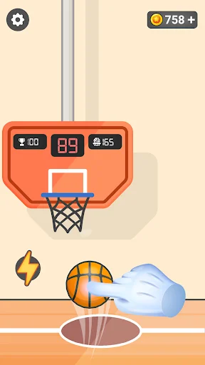 Basketball dunk shot gameplay showing hand grabbing blue basketball, player score 100-89-155, 758 coins collected