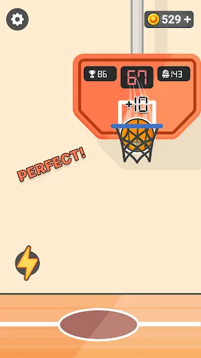 Perfect basketball dunk shot with +8 bonus points earned, red PERFECT text, ball in hoop, 529 coins