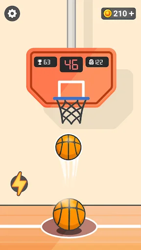 Basketball dunk shot in flight with trajectory arc, player score 63-46-122, 210 coins earned