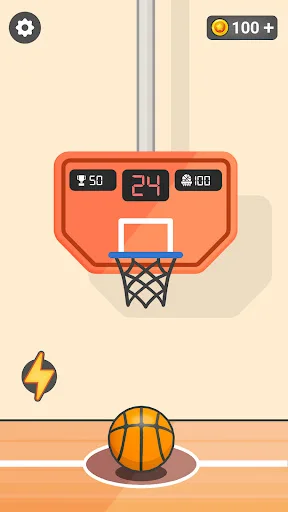 Basketball dunk shot game screen showing orange hoop, scoreboard 50-24-100, basketball positioned, 100 coins