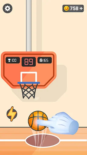 Basketball dunk shot grab mechanic with hand controlling blue ball, score 100-89-155, 758 coins display