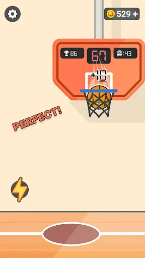 Perfect basketball dunk achievement with +8 points bonus, PERFECT indicator, ball in net, 529 coins