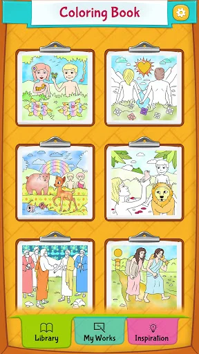Bible Coloring Book menu grid with six story pages including Adam and Eve, Nativity, Noah's Ark