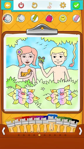 Adam and Eve Garden coloring page with Bible story illustration and color palette for children
