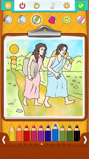 Two biblical women in robes coloring page with pencil color palette tool for kids