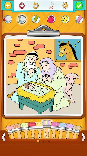Nativity scene coloring page with Mary, Joseph, baby Jesus and farm animals to color