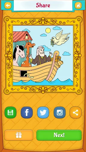 Noah's Ark illustrated coloring page share screen with social media and sharing buttons