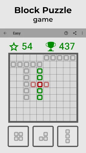Block Puzzle Game main screen showing 10x10 grid with colorful tetris-style pieces, score 54, high score 437, Easy mode