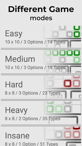 Block Puzzle Game modes menu with difficulty levels: Easy, Medium, Hard, Heavy, Insane and grid size options