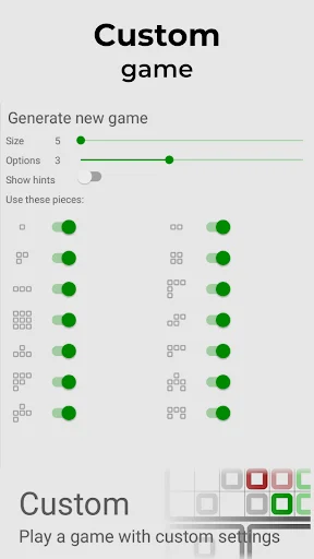Custom game settings screen for Block Puzzle with size slider, piece type toggles, and customization options
