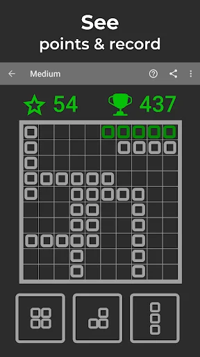 Block Puzzle gameplay on Medium difficulty showing filled grid patterns, current score 54, high score 437