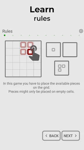 Block Puzzle tutorial screen explaining game rules with visual examples of piece placement on grid