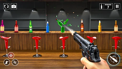 Offline bottle shooting game bar scene with pistol aiming at colorful glass bottles on wooden shelf, action shooter