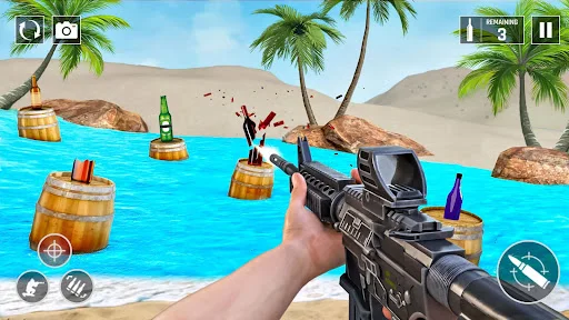 Tropical bottle shooting with scoped rifle on beach targeting floating bottles, casual single-player shooter