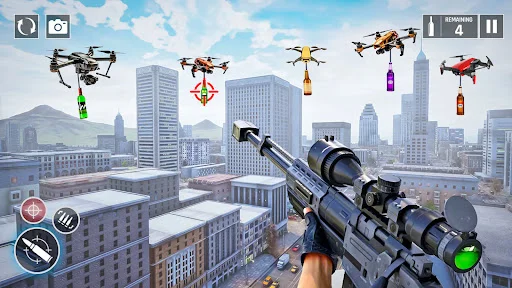 City rooftop sniper bottle shooting at hovering drone targets with bottles, urban action shooting game