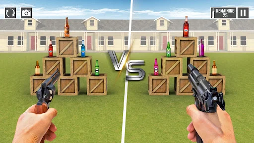 Competitive bottle shooting face-off with split screen pistol gameplay, versus mode action shooter game