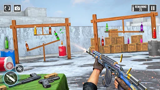 Arctic bottle shooting range with machine gun targeting bottles on platforms, winter-themed shooting game