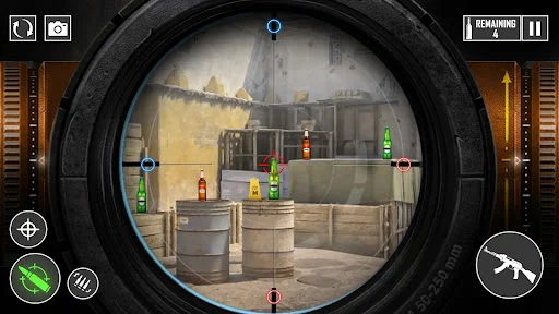 Warehouse sniper mission with scope targeting bottles through crosshairs, tactical offline bottle shooting game