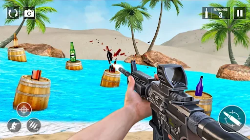 Beach bottle shooting level with sniper rifle targeting floating bottles in tropical paradise, casual offline game