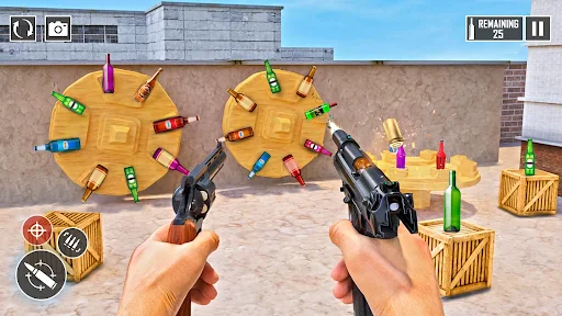 Dual pistol bottle shooting challenge with spinning wooden wheel targets and colorful bottles, offline game mode
