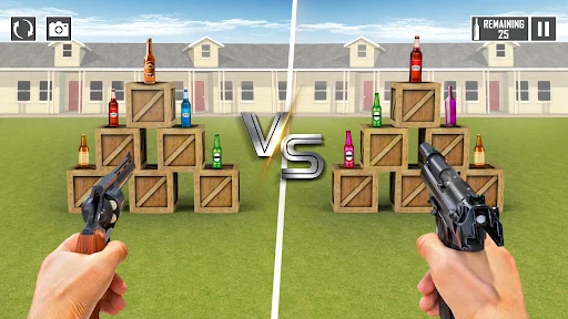 Split-screen bottle shooting duel with two pistols facing off against bottle targets, competitive shooter game