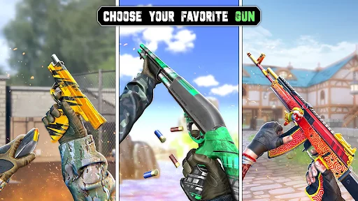Gun selection menu showing three customizable weapons for bottle shooting - rifle, shotgun, pistol with skins
