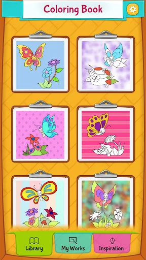 Coloring Book menu with butterfly page thumbnails, library, my works and inspiration tabs