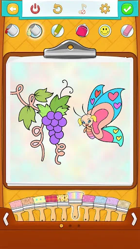 Butterfly Coloring Pages interface with pastel canvas showing butterfly on grapevines with rainbow color palette tools for drawing.